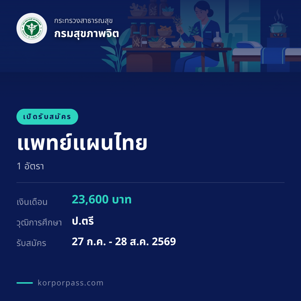 กรมสุขภาพจิต รับสมัคร แพทย์แผนไทย 1 อัตรา